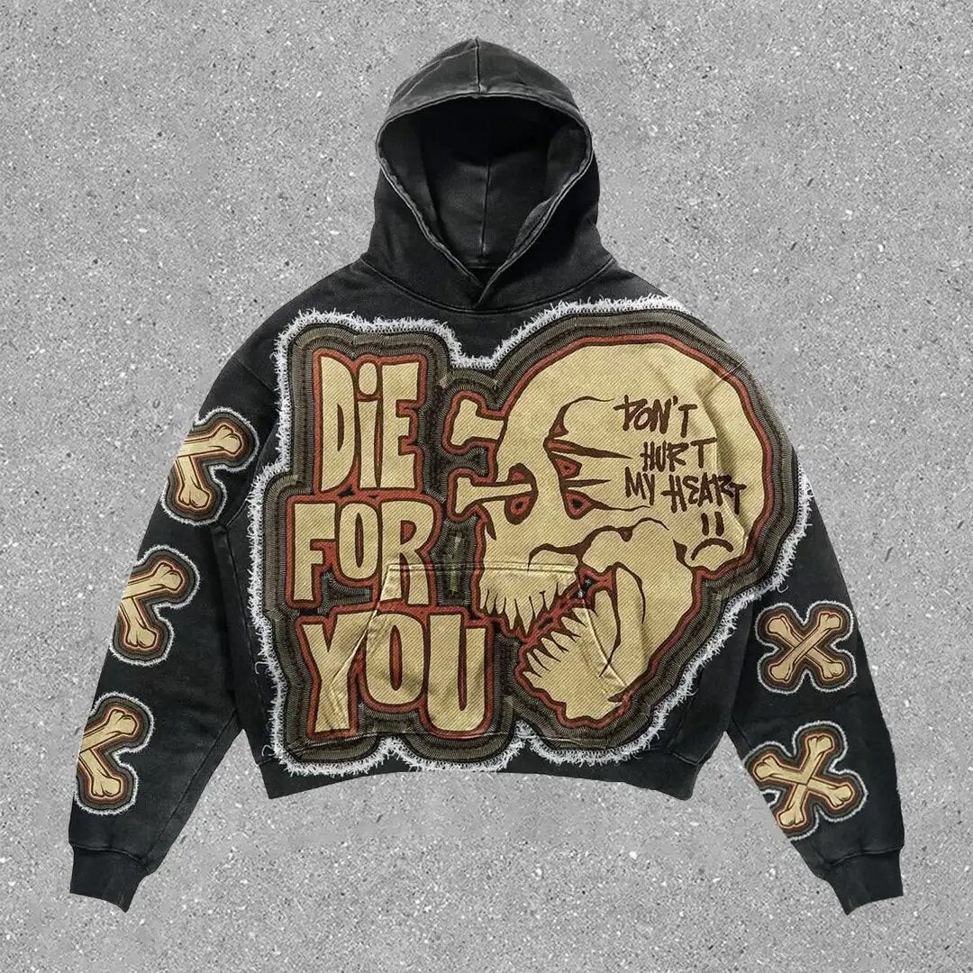 Skull print Harajuku streetwear hoodie - Trendora