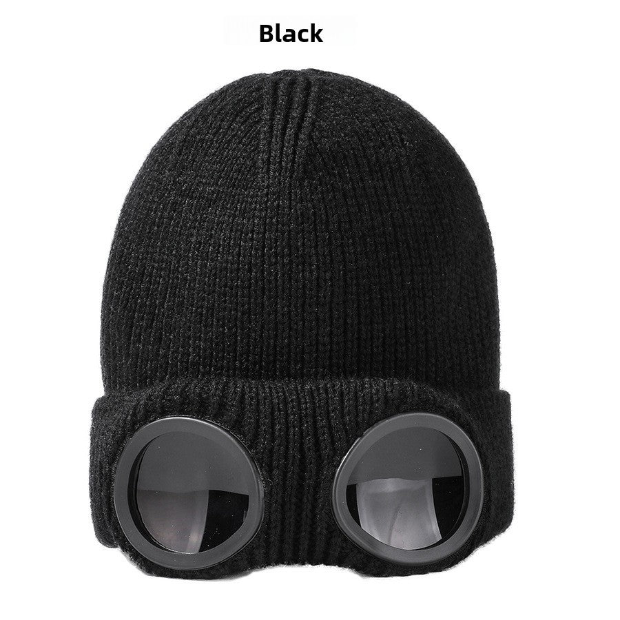 Ribbed Knitted Winter Hat with Glasses Design